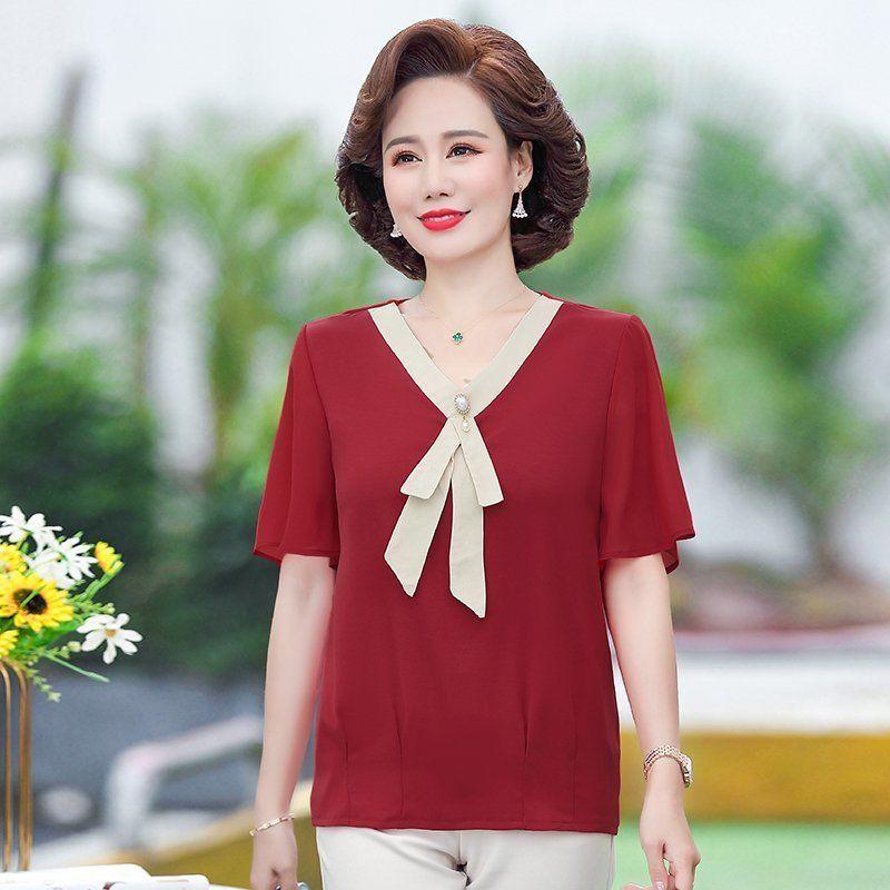Women's Tops Mom's Summer Fashion Soft Shirt Short Sleeve Pullover Shirt Middle-aged Women