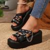 Women's Punk Style Slide Sandals with Chunky Sole, Metallic Star Chain Accents, and Buckle Straps - Black Open-Toe Platform Shoes for Casual Summer