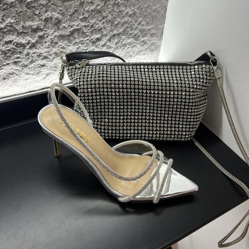 2025 New Spring Women Rhinestone Glitter High Heel Sandals Pointed Toe Transparent Slippers Natural Color Crystal Decor