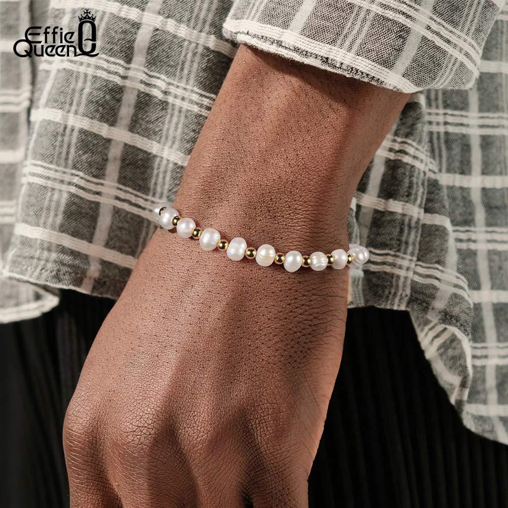 EFFIE QUEEN Hip Hop Pearl Necklace for Men Natural Pearls Beaded 925 Sterling Silver Chain Collars Simple Jewelry Gift NMN09