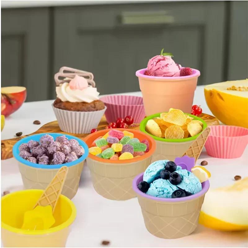 1/7pcs Vibrant Color Ice Cream Bowls with Spoons Dessert Sundae Dishes Set for Birthday Holiday Party Ice Cream Favor Gift Decor