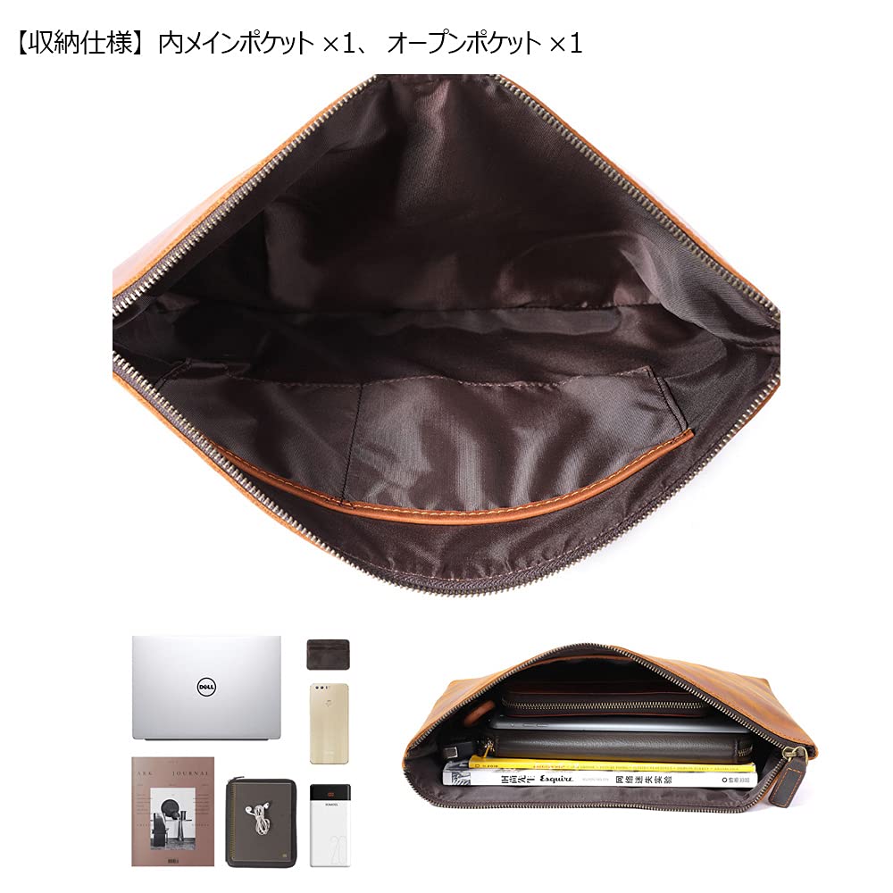 Whatna Natural Cowhide Leather Second Bag, Men's Clutch Bag, Large File Bag, Envelope Bag, Fits A4 Size and 15.6-inch iPad Pro, Wedding Bag, Formal