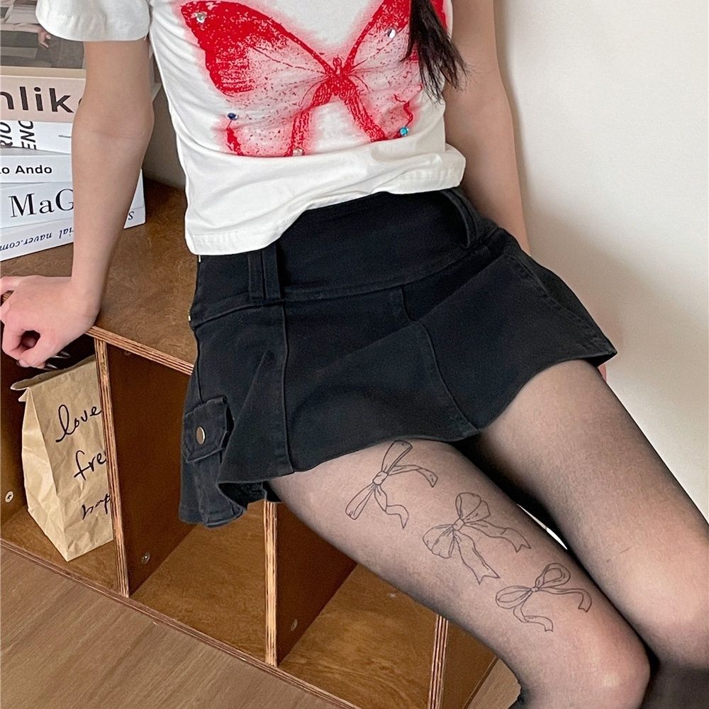 Calze Stampate con Fiocco Stile K-pop Girl Group - Collant Sexy Neri a Rete Color Pelle Ragazza per Abbellire le Gambe