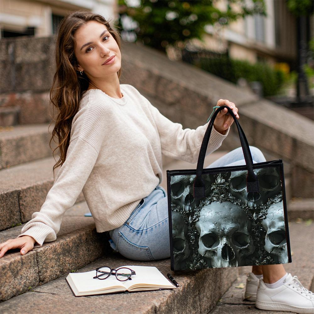 Gothic Skull Pattern Tote Bag Casual Street Style Large Capacity Carry Bag for Daily Commute Unique Dark Aesthetic Shoulder Bag