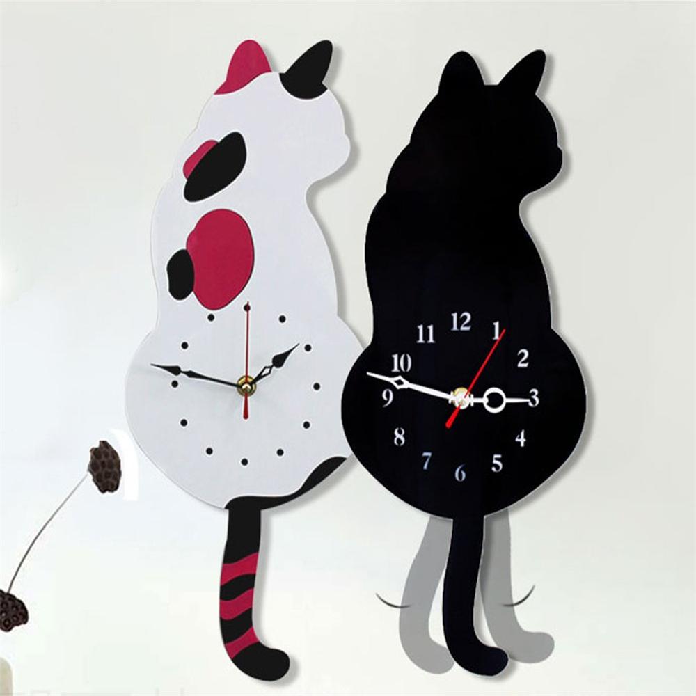 Wall Clock Creative DIY Cat Acrylic Wall Clock with Swing Tail Pendulum for Living Room Bedroom Kitchen Home Décor