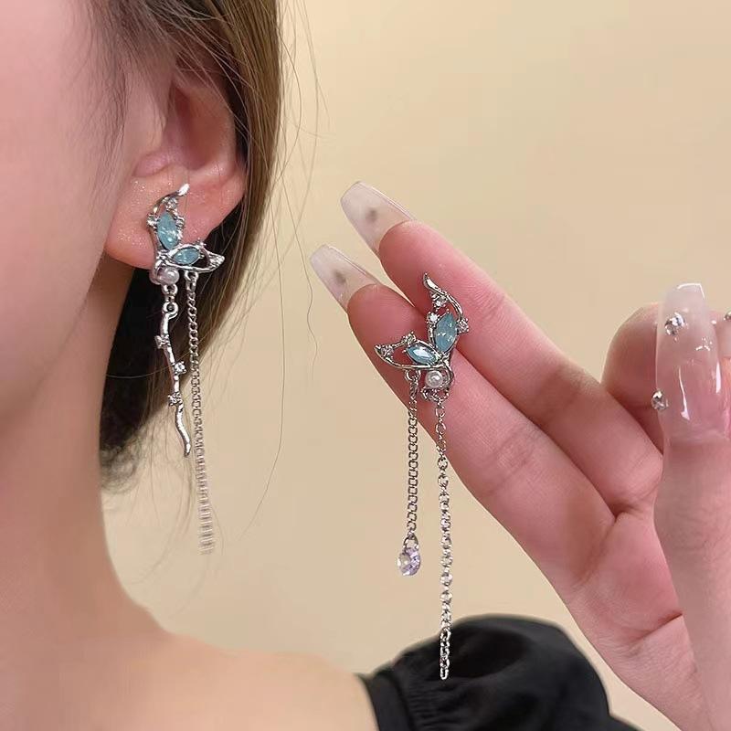 

Sweet Blue Green Zircon Butterfly Dangle Earrings for Women Girls Romantic Tassel Chain Long Drop Earrings Jewelry Accessories
