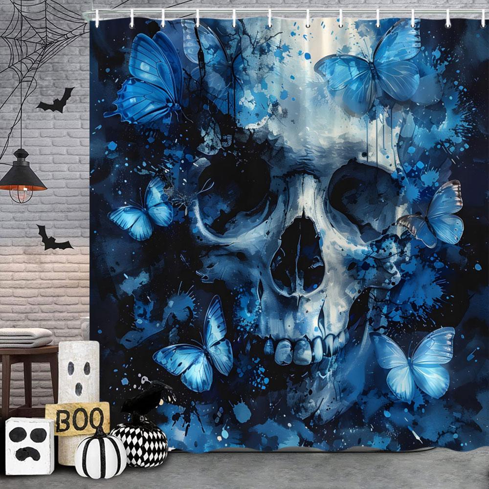 Spooky Horror Halloween Skeleton Crow Shower Curtain Black Bat Black Cat Polyester Fabric Bath Curtain Bathroom Decor With Hoo