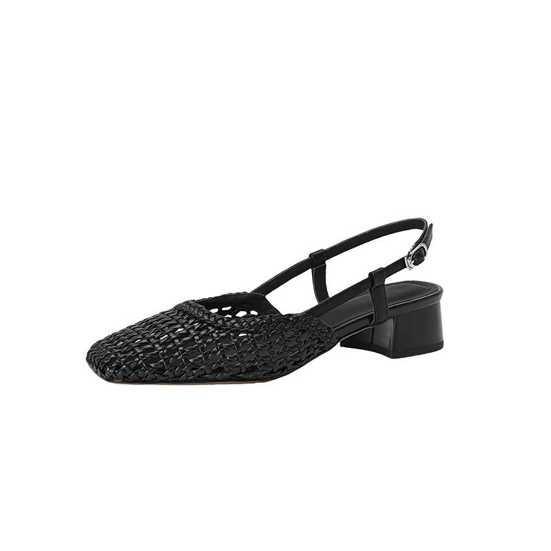 Franse Platte Damessandalen Zomer Nieuw Mesh Gat Kantoor Carrière Schoenen Holle Gespriem Romeinse Midden Dikke Hak Sandalias