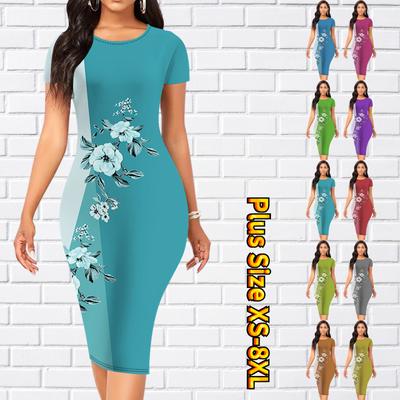 Vestido ajustado de manga corta hasta la rodilla vestido a la moda para mujer vestido con estampado de flores coloridas en 3D