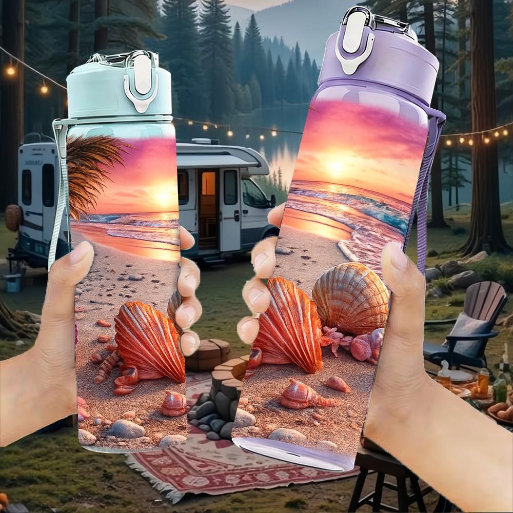 1PC Beach Sunset Ocean View Print 750ml Color Plastic Sports Water Bottle Leakproof Flip Straw Lid Suitable for Sports Office Home Use