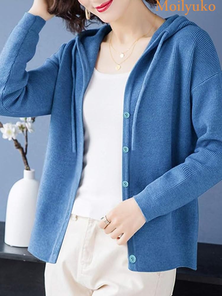 Moilyuko Hooded Long Top for and Mo72 Free Women's Cardigan, Sleeve, Figure-Flattering Spring, Autumn, Winter, (JP, Alphabet, Size, Blue)