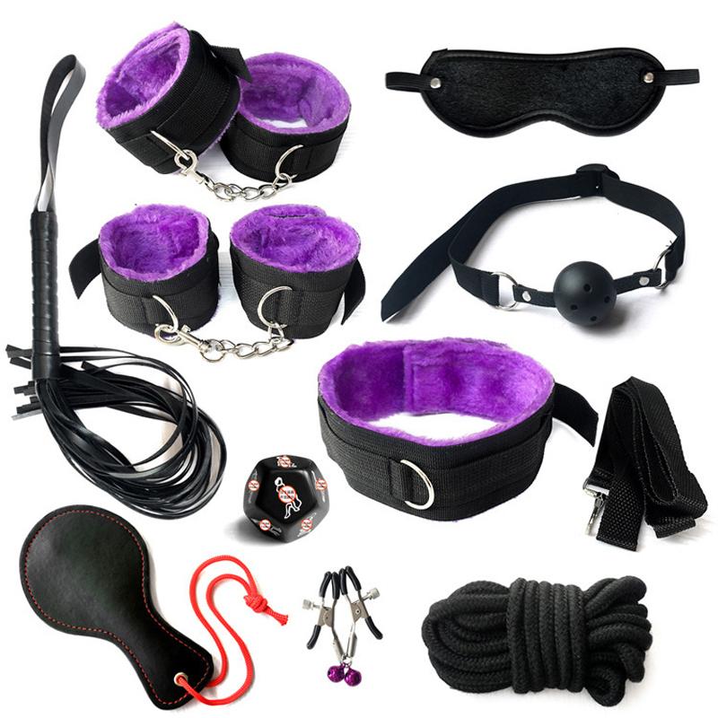 BDSM Bondage Set Sexy Plüsch Handschellen Leder Peitsche Mund Ball Gag Nippel Klemmen Kits Sex Spielzeug Für Paare Zwei Exotische