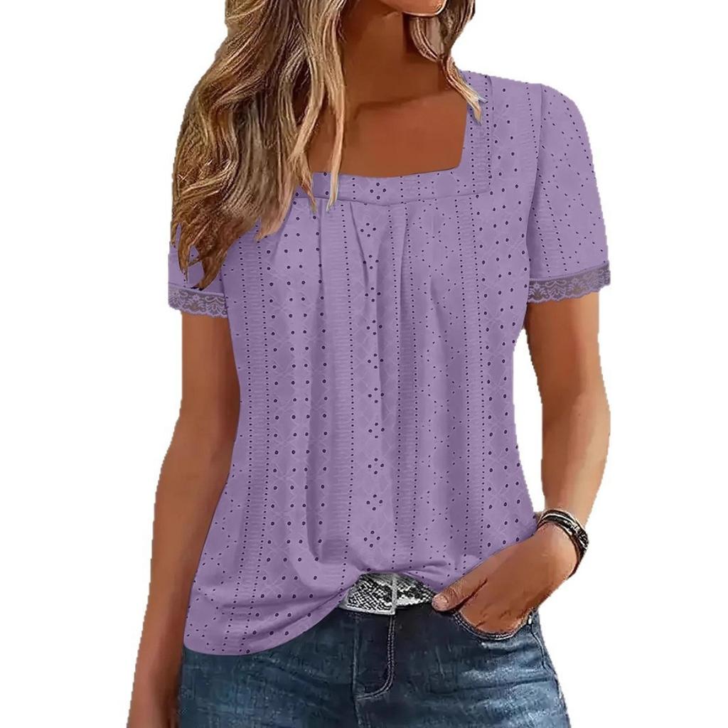Summer Women's Square Neck Short Sleeve Eyelet Jacquard Casual T-shirt Top, European American Fashion Crossbody New Arrival