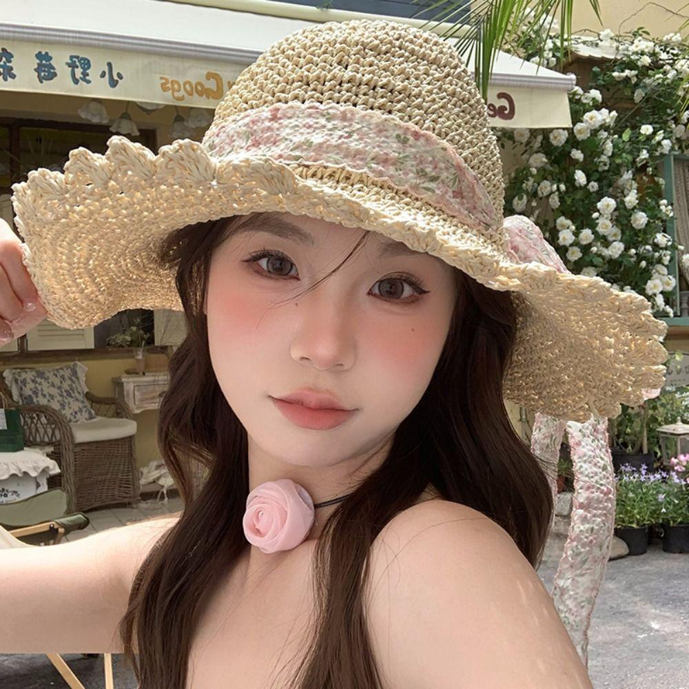 Big Brim Lace Straw Hat Spring Summer Women's Sun Hat Elegant Bow Ribbon Straw Hat  Lady