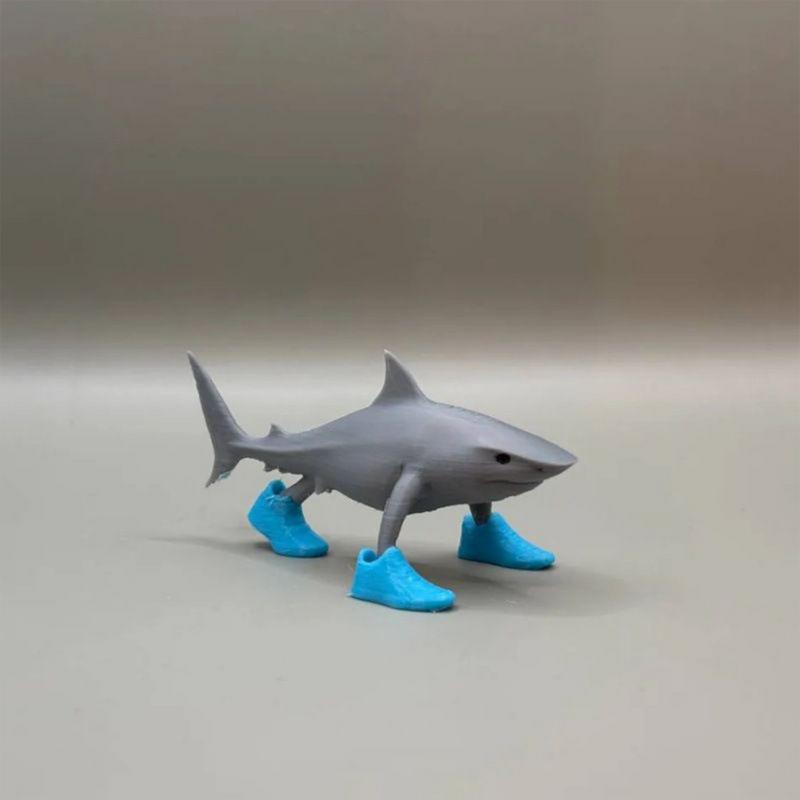 3D Printed Shark with Shoes Figure Creative Decorative Ornaments Cartoon Desktop Decoration Model for Kids Adults Gifts
