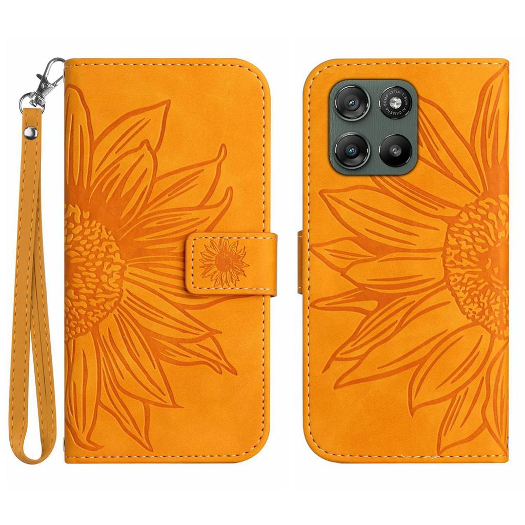 For Motorola Moto G67 Power 5G Case Sunflower Imprint Leather Wallet Phone Cover with Wrist Strap