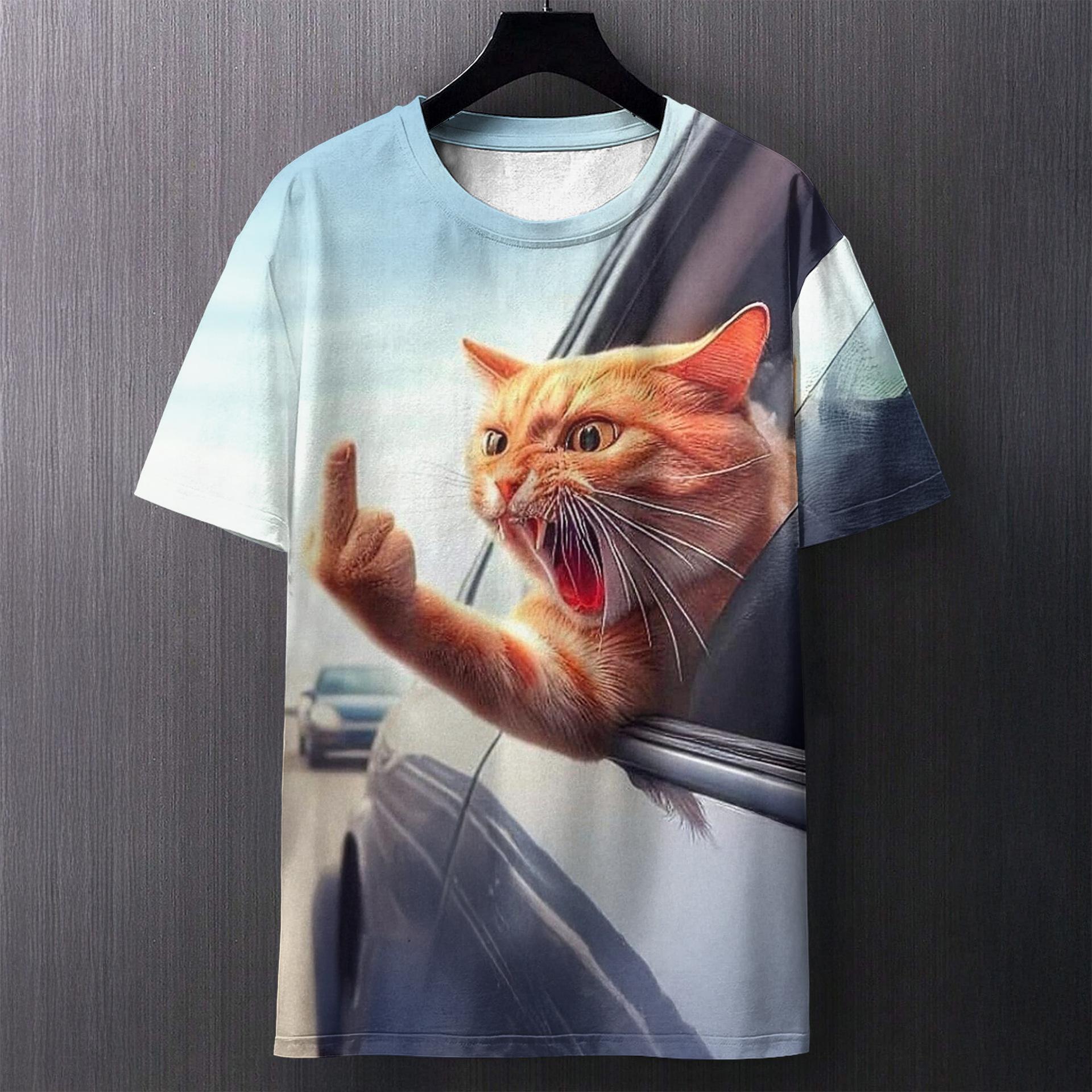 

Men s Round Neck Short Sleeved Angry Cat Creative Digital 3D Printed T-shirt S