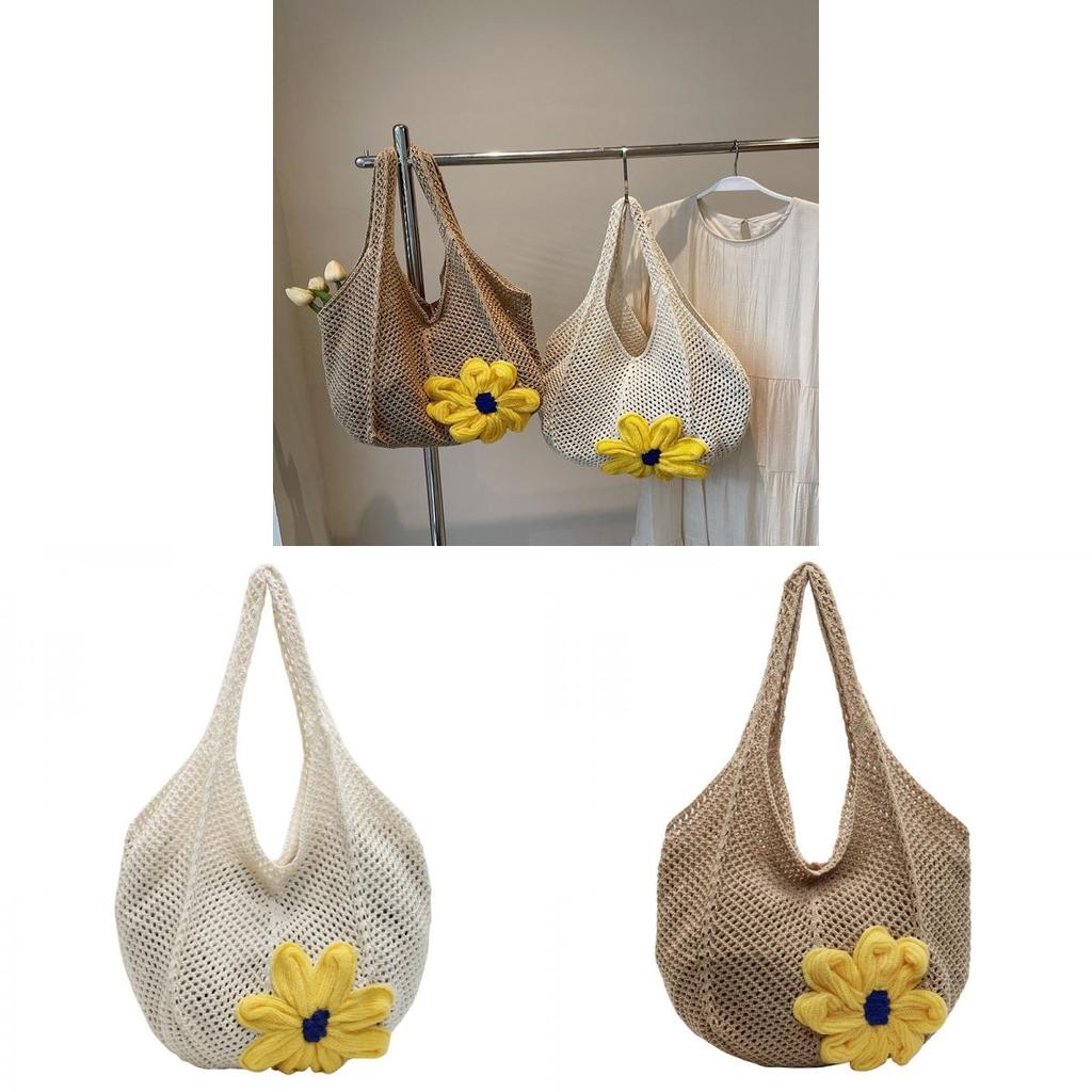 Minimalist Straw Tote Bag For Women With Flower Embellishments For Casual Day Out