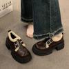 Black thick heel platform small leather shoes women's 2025 autumn new retro British style loafers velvet warm JK shoes
