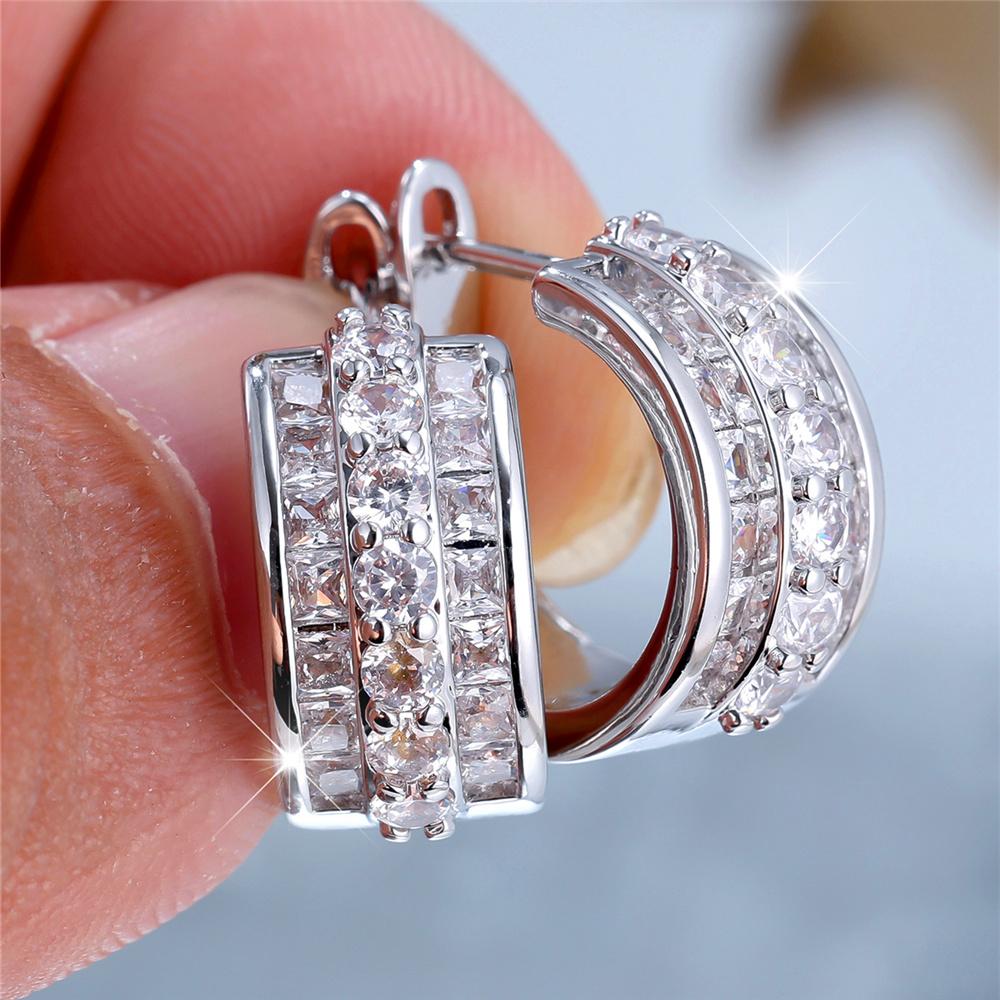 Charm Female Blue White Zircon Stone Hoop Earrings Vintage Silver Color Simple Wedding  For Women