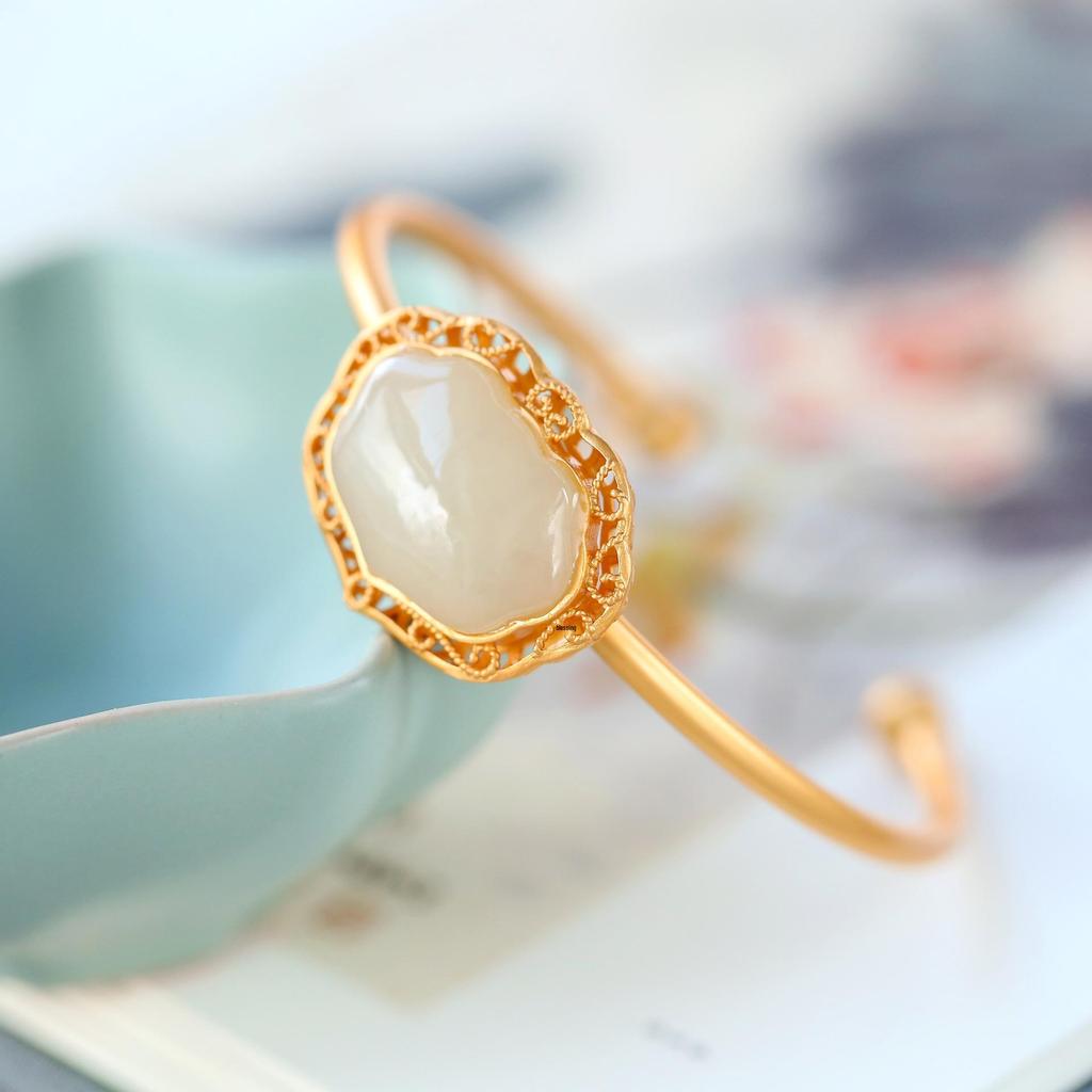 Imitation Hetian Jade Openwork Lace Geometric Bracelet - Retro White Ruyi Lock Fortune Bangle