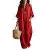 Women's Bohemian Cotton Linen Loose Fit Maxi Dress with V-Neck and Three-Quarter Sleeves for Vacation