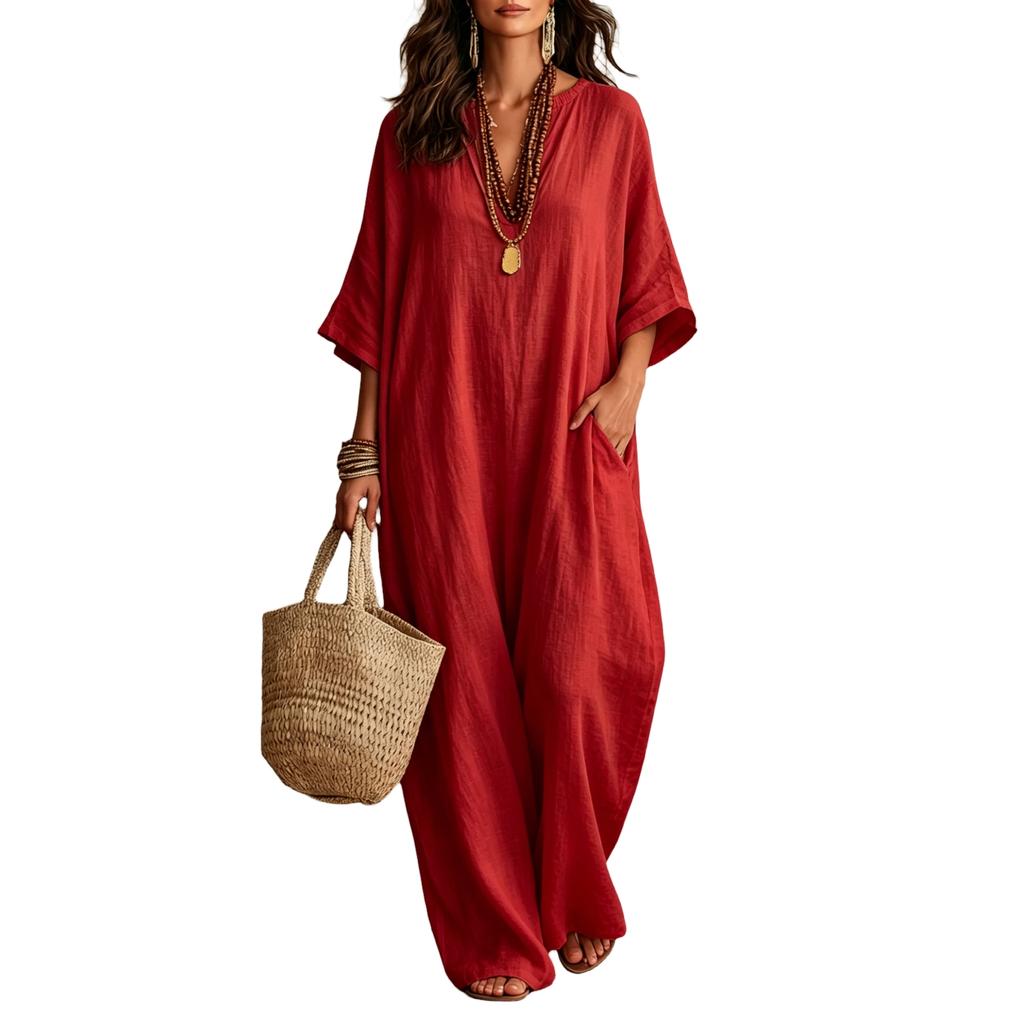 Women's Bohemian Cotton Linen Loose Fit Maxi Dress with V-Neck and Three-Quarter Sleeves for Vacation