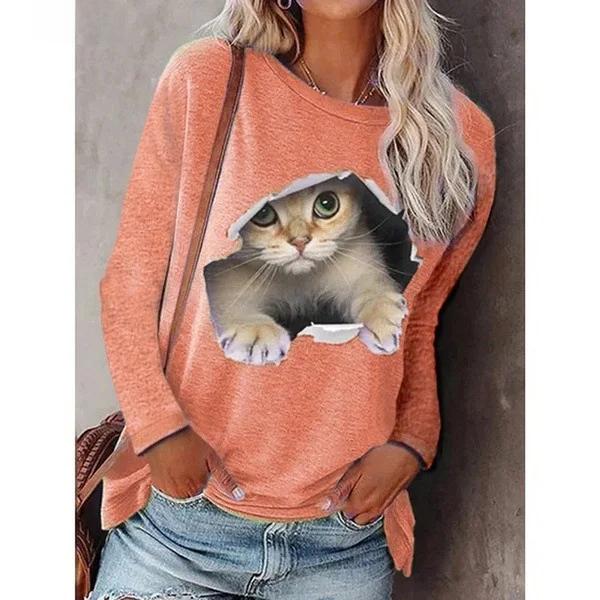 Fashionable Women's Round Neck Long Sleeve T-shirt Trendy Autumn/winter Cat