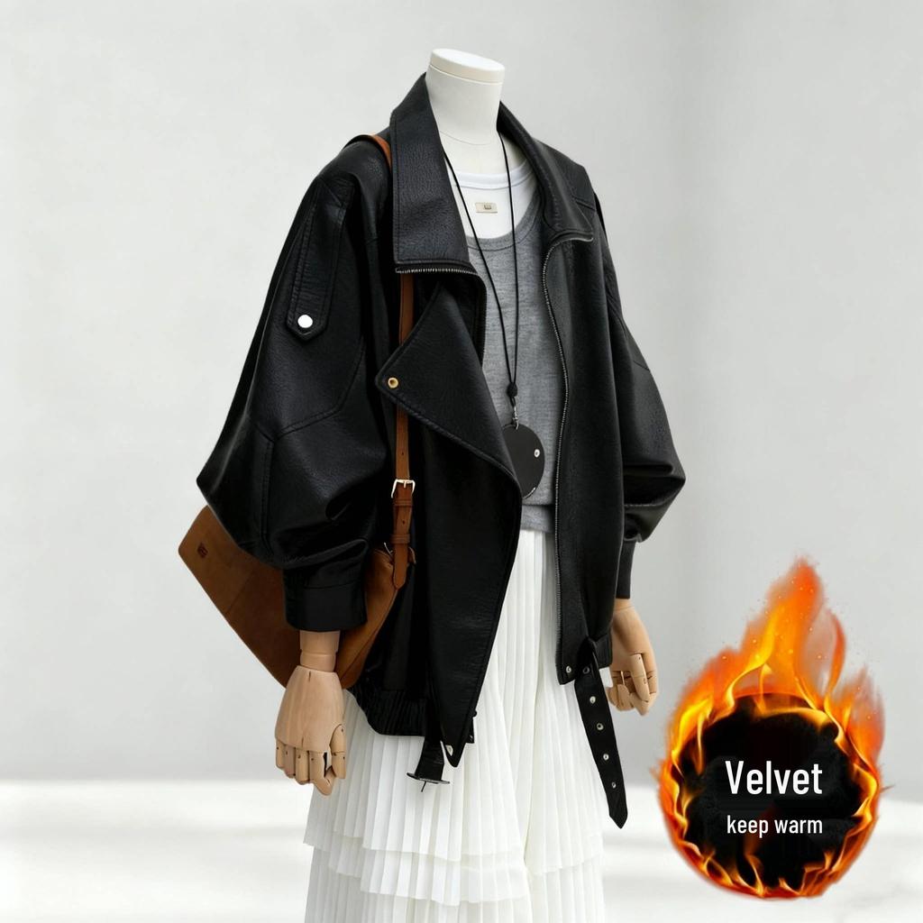 Meilade Damen Verdickte Leder Motorradjacke, Herbst/Winter 2026, Nischenstil, Mit Samt gefüttert, Lockerer Schnitt.