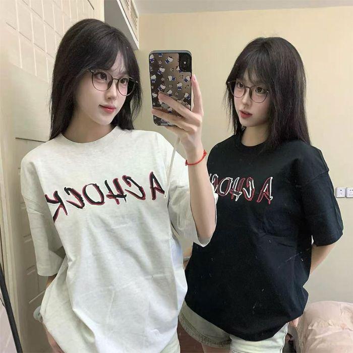 White Round Neck Korean Style Embroidered T-Shirt - Casual, Versatile, Spring/Summer Student Design M светло-серый