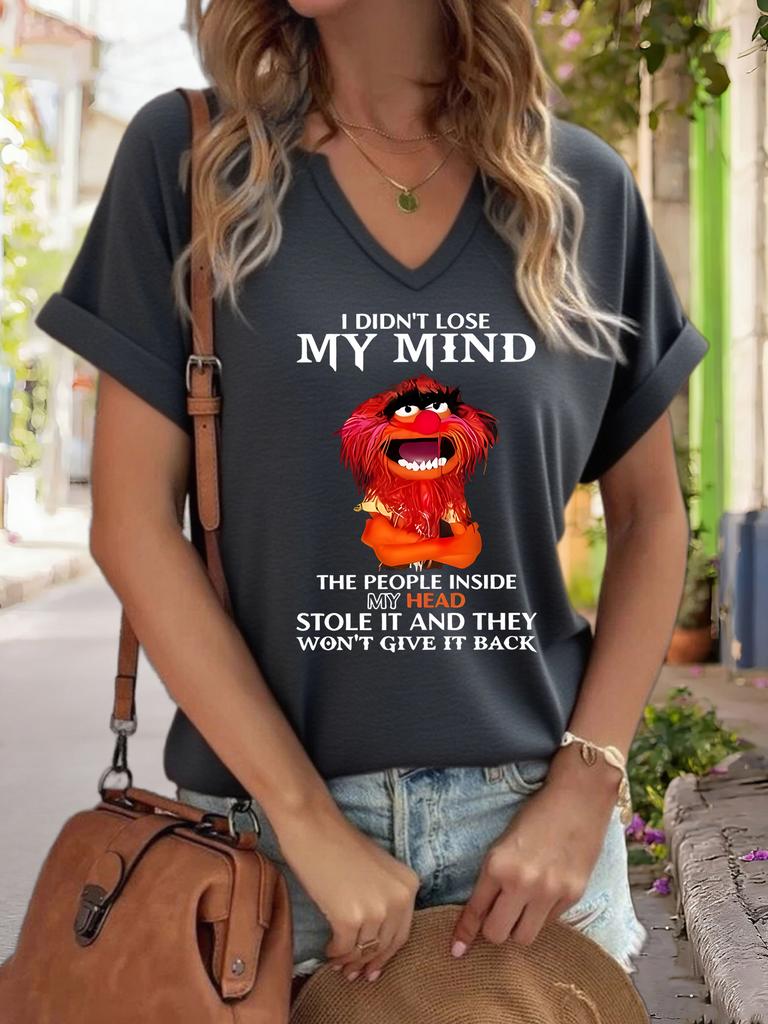 Women's V-Neck "I Didn't Lose My Mind" Graphic Tee, Funny Cartoon Print T-Shirt, Casual Short Sleeve Humor Top