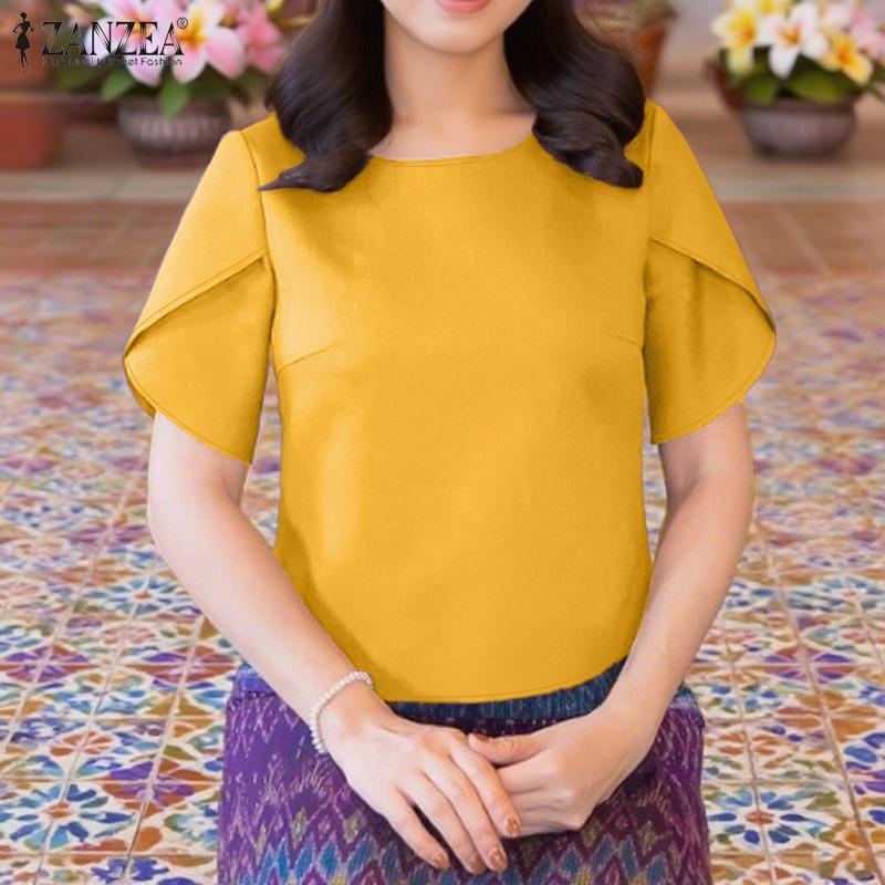 ZANZEA Women Casual Round Neck Summer Short Sleeve Plain Blouse