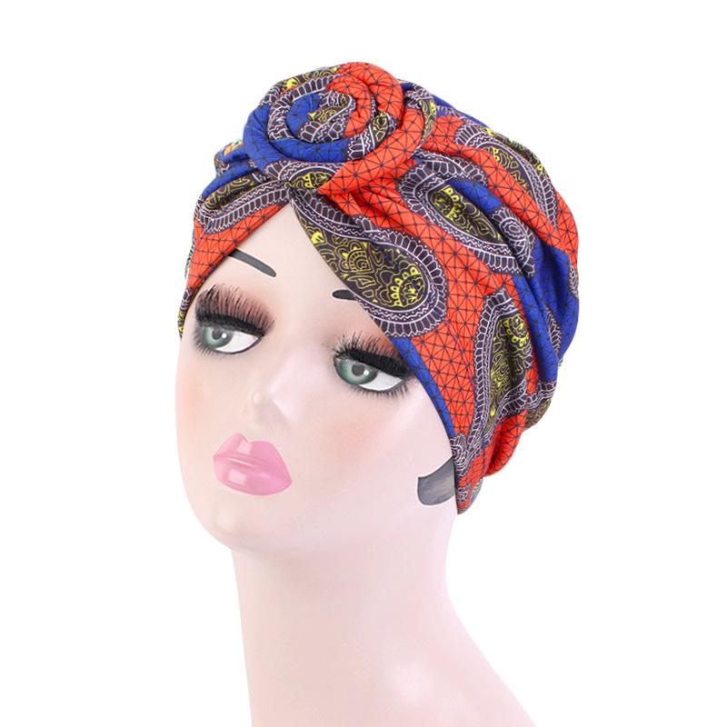 New Women African Print Pleated Turban Knotted Headwraps Elastic Head Scarf Floral Beanie Chemo Cap Bandana Headwear Hair Covers