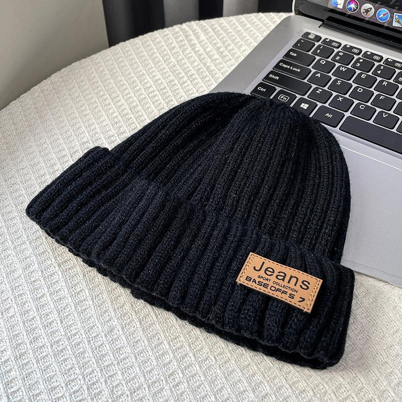 Coarse thread knitted hat children autumn and winter leather label letter wool hat big head circumference warm ear protection cold hat men