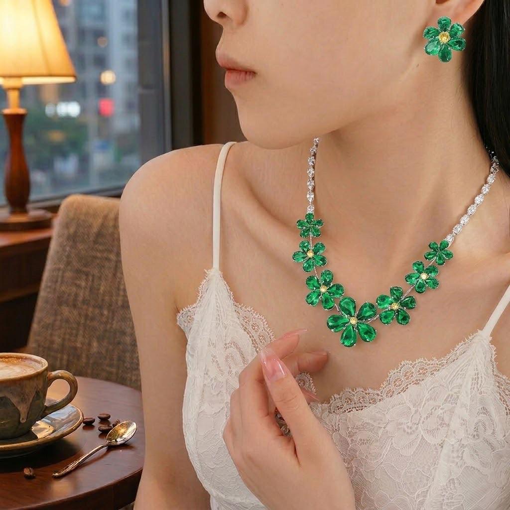 European & American Style Zircon Emerald Necklace & Earrings Set - Plum Blossom Design Clavicle Chain