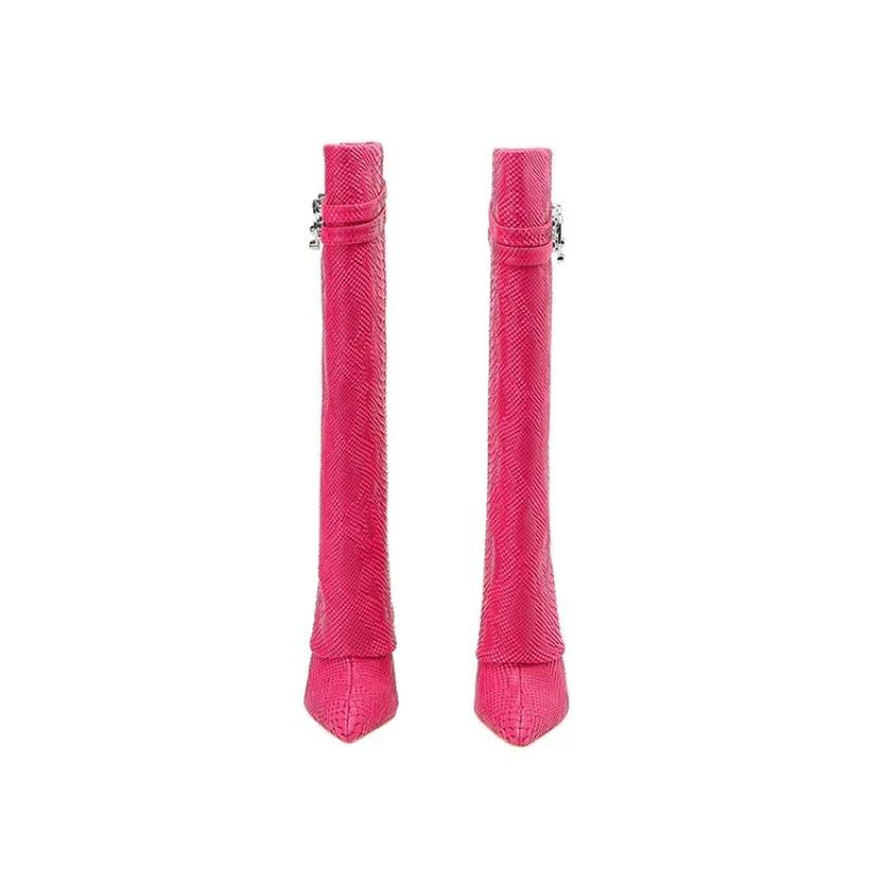 Fashion New Crystal Slope Heel Belt Buckle Decorative Skirt Boots Fashion High Heel Black Red 34-43 Knee Length Boots Winter Women Shoes