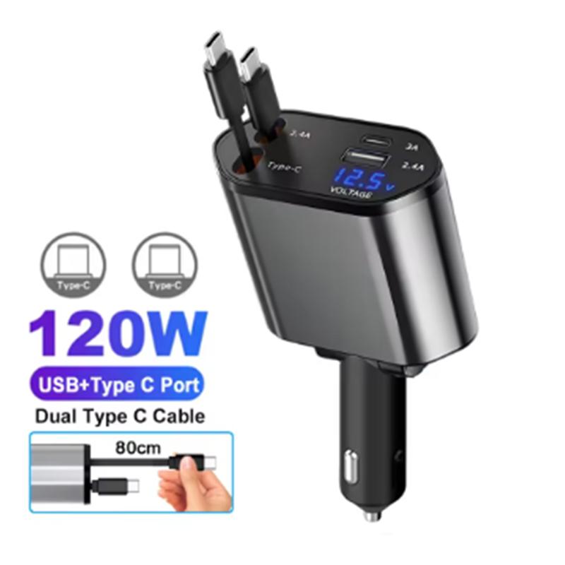 

Автомобильное быстрое зарядное устройство 100 Вт PD+USB Type C с 2 выдвижными кабелями Зарядное устройство для телефона в автомобиль Вольтметр Адаптер питания 4 в 1 для iPhone iPad