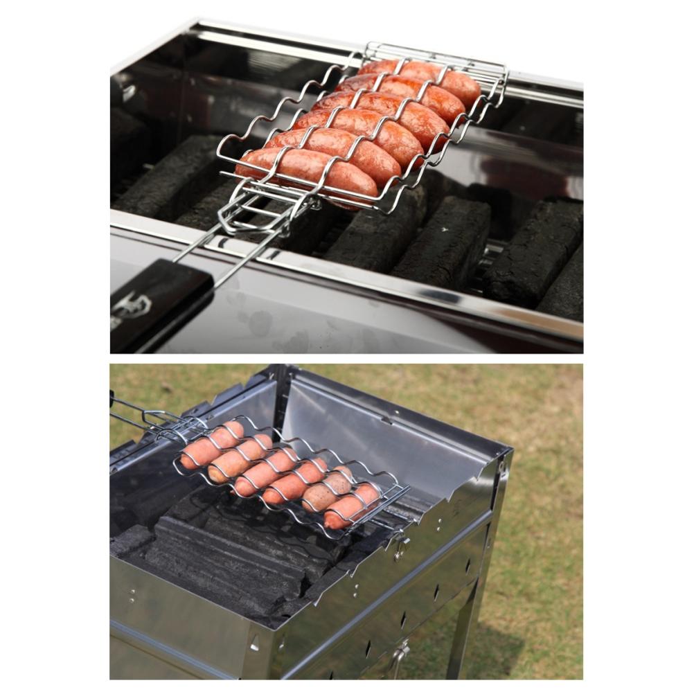 Barbecue Grilling Basket 6 Hot Dogs Metal Barbecue Sausage Rack Grill Mesh Clip Holder Picnic