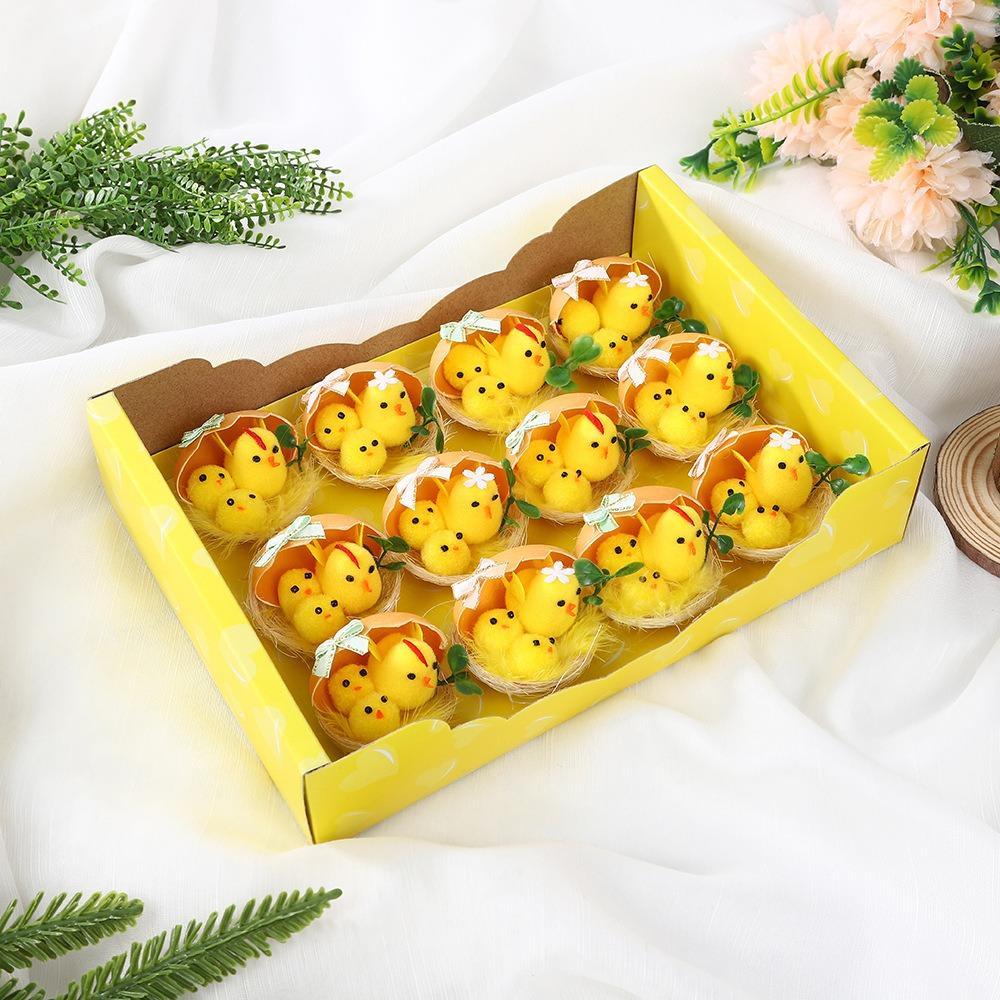16Pcs/Set Simulation Easter Yellow Chicks Decoration Snow Man Flocking Easter Bunny Ornaments Mini Spring Cute Animal Decoration