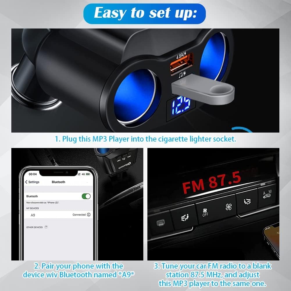 Bluetooth FM Transmitter Car Adapter, 2-Socket USB Charger, Hands-Free, Voice Control with Siri & Google