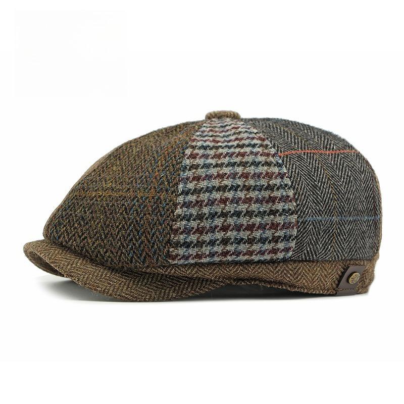 Men's Patchwork Woolen Newsboy Cap Retro British Herringbone Tweed Octagonal Hat Autumn Winter Warm Baker Boy Cabbie Hat