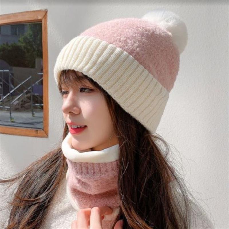 Autumn and Winter Women's Thickened and Velvet Versatile Wool Hat, Scarf, Two-piece Set, Casual Warm and Cold-proof Knitted Hat