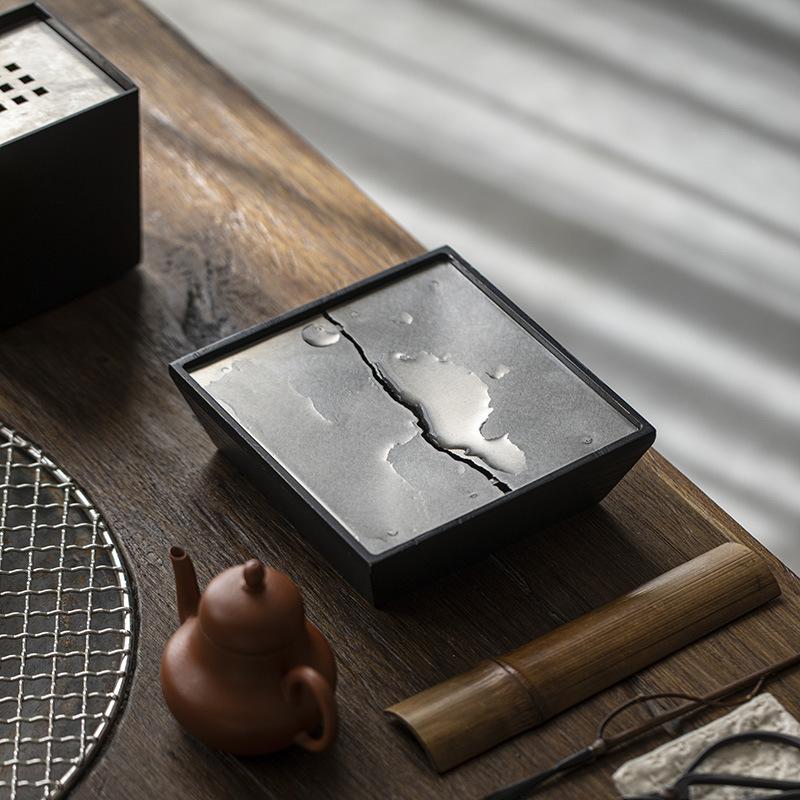 Charcoal Burnt Black Square Teapot Holder Water Storage Dry Brewing Table Tea Tray Jian Shui Zen Style Solid Wood