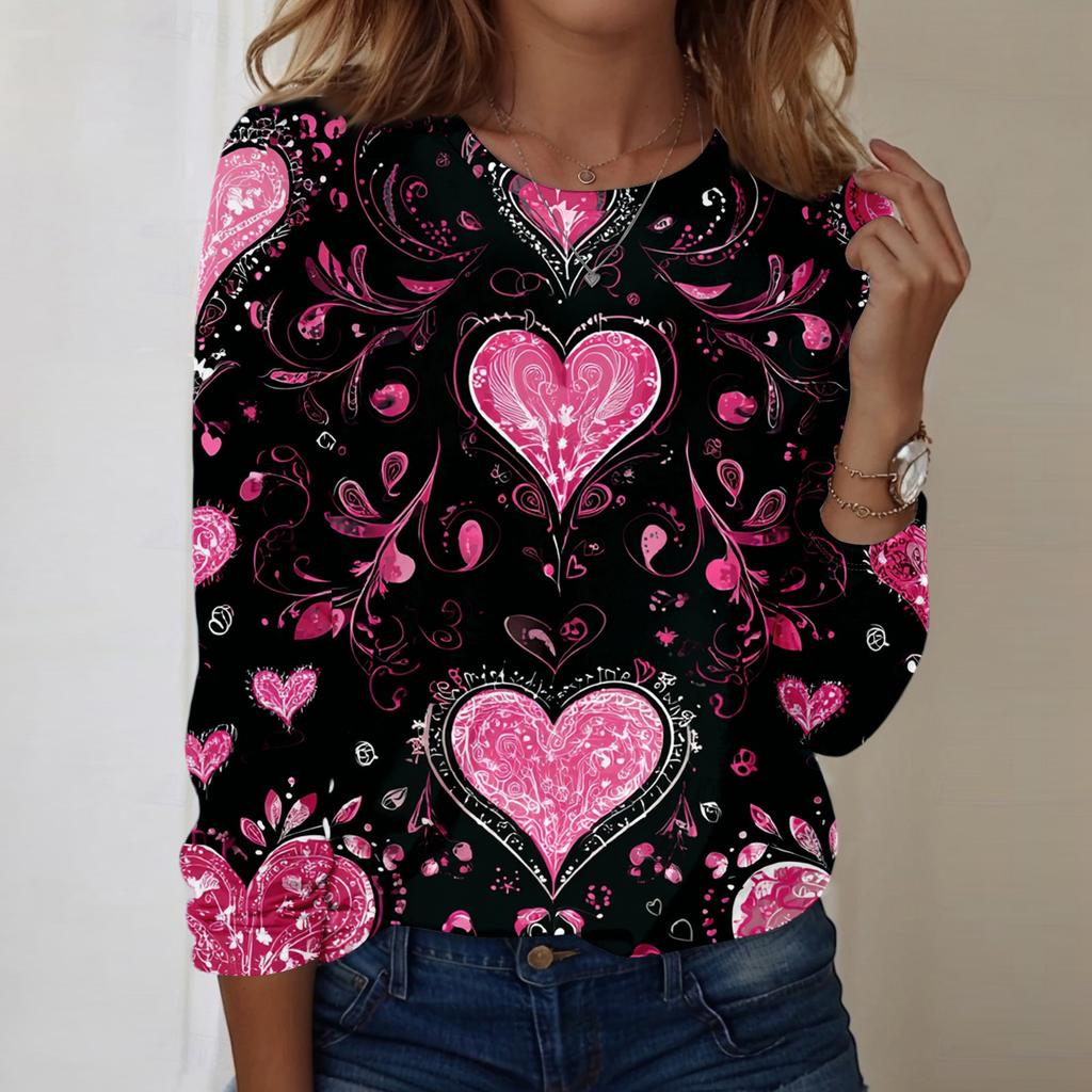 Damen Rundhals-Oberteil mit Herz-Print, locker, langärmelig