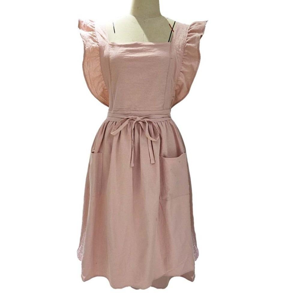 Adjustable Cotton Linen Pinafore Retro Barista Apron French Style Flouncing Apron  Home Use розовый