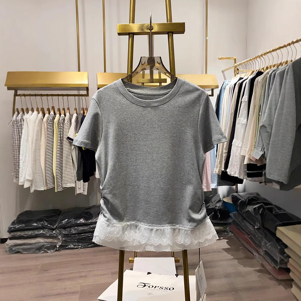 Women's Summer Lace Lace Hem Patchwork Short Sleeved Round Neck T-shirt Korean Sweet Slim Fit Pleated Design Top