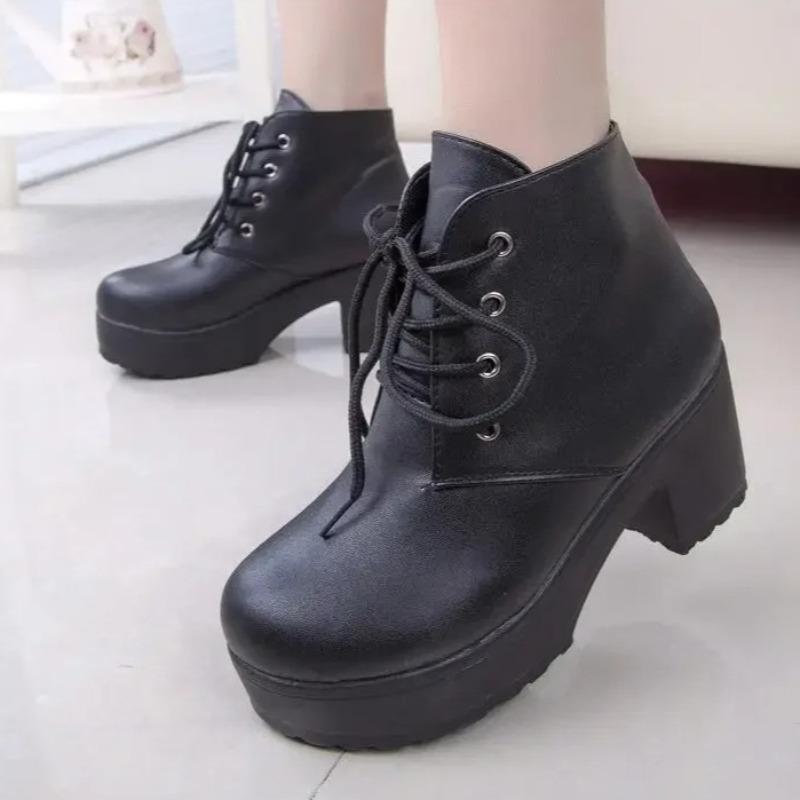 Fashion Ankle Boots for Women Fashion Black&White Punk Rock Lace Up Women Shoes Thick Heel Boots Platform Shoes Heels for Ladies