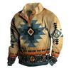 Men's Denim Christmas Ethnic-Style Distressed Print Henley Long-Sleeved Stand-Collar Sweatshirt