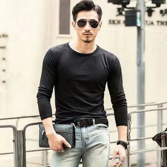 Men's Slim Fit Long-Sleeve Round Neck T-Shirt - Solid Color Autumn Top