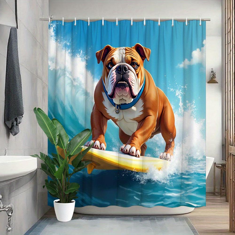 Dunika Chen Yellow/Blue Funny Bulldog Surfing Shower Curtain Ocean Wave Design Dog On Surfboard Background Waterproof Fabric For Kids
